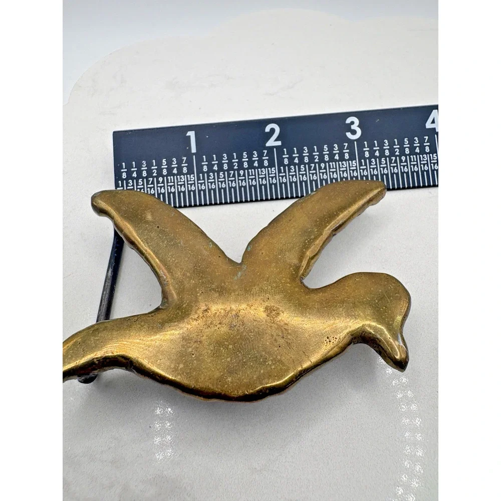 Brass Flying Bird Belt Seagull Beaked Bird Buckle Wood Base Vintage 3.5